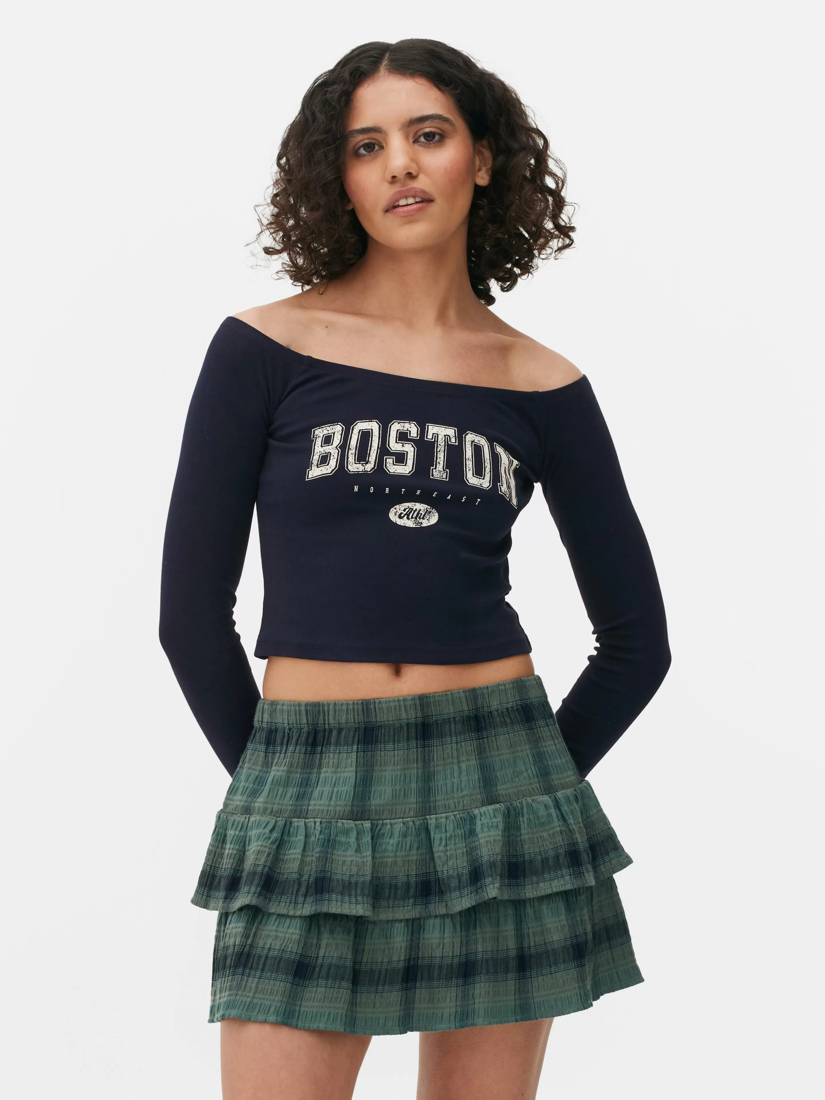 Mujer Primark Tops Y Camisetas | Camiseta Corta De Manga Larga Con Cuello Barco