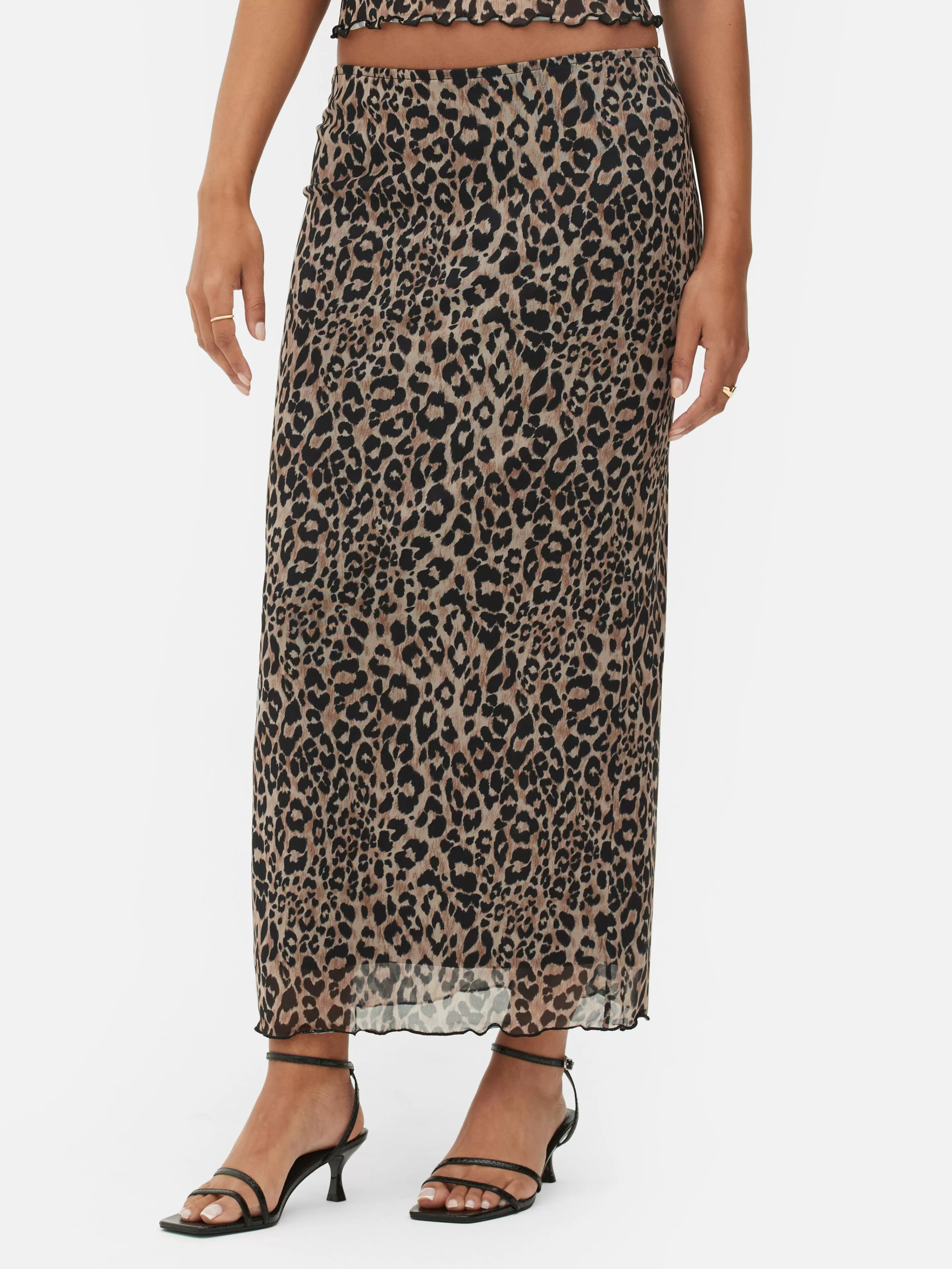 Mujer Primark Faldas | Falda Midi De Leopardo Con Superposición De Malla