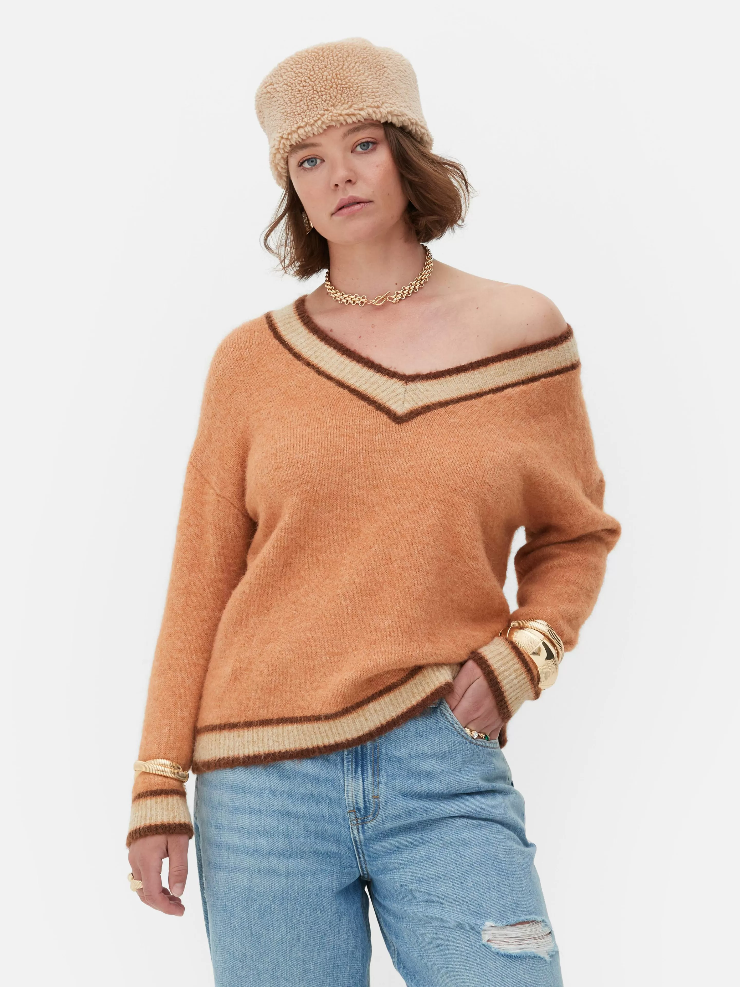 Mujer Primark Jerseys Y Cárdigans | Jersey Vintage Con Cuello De Pico De Rita Ora