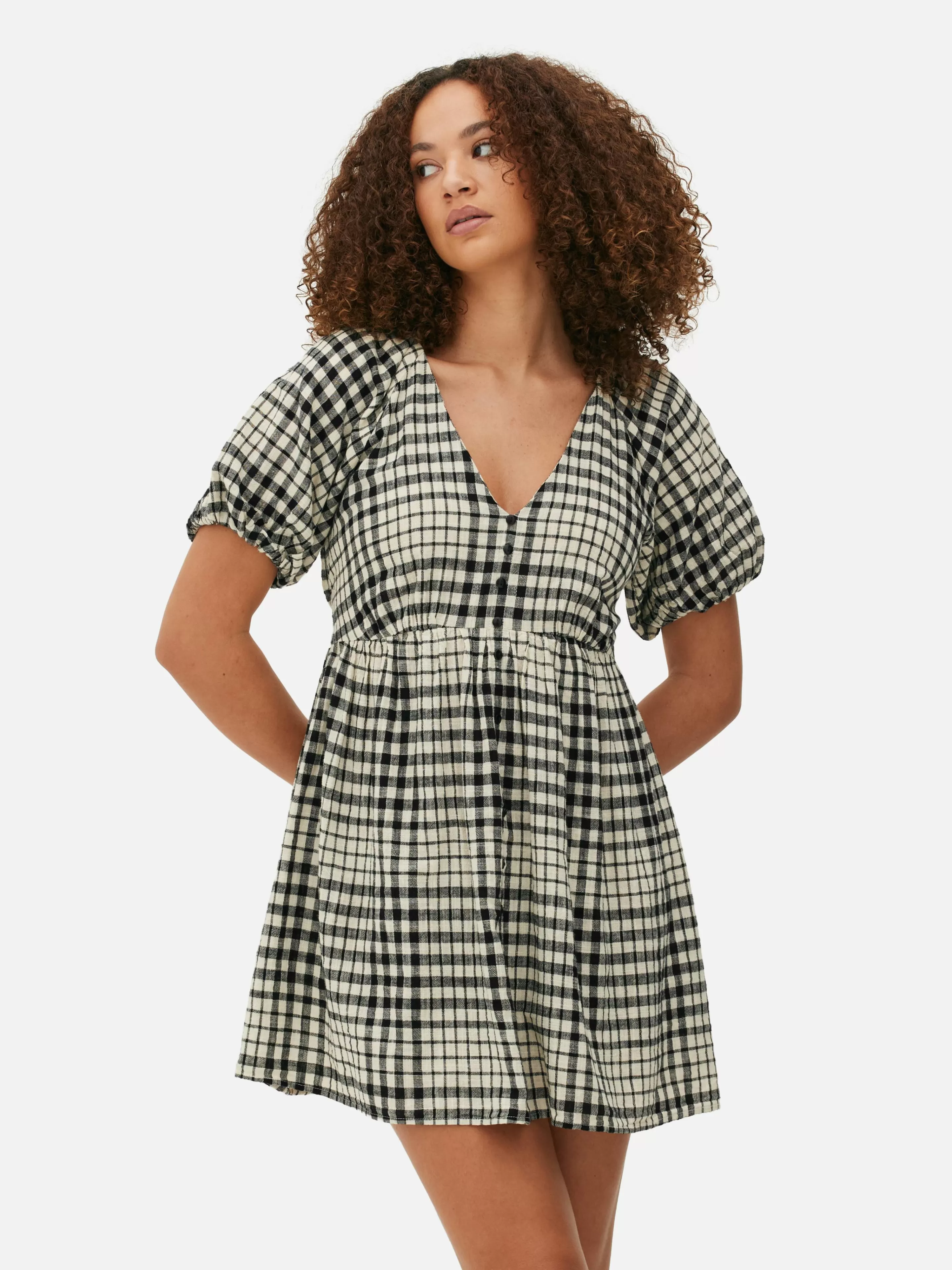 Mujer Primark Vestidos | Vestido Con Vuelo, Cuello De Pico Y Mangas Abullonadas