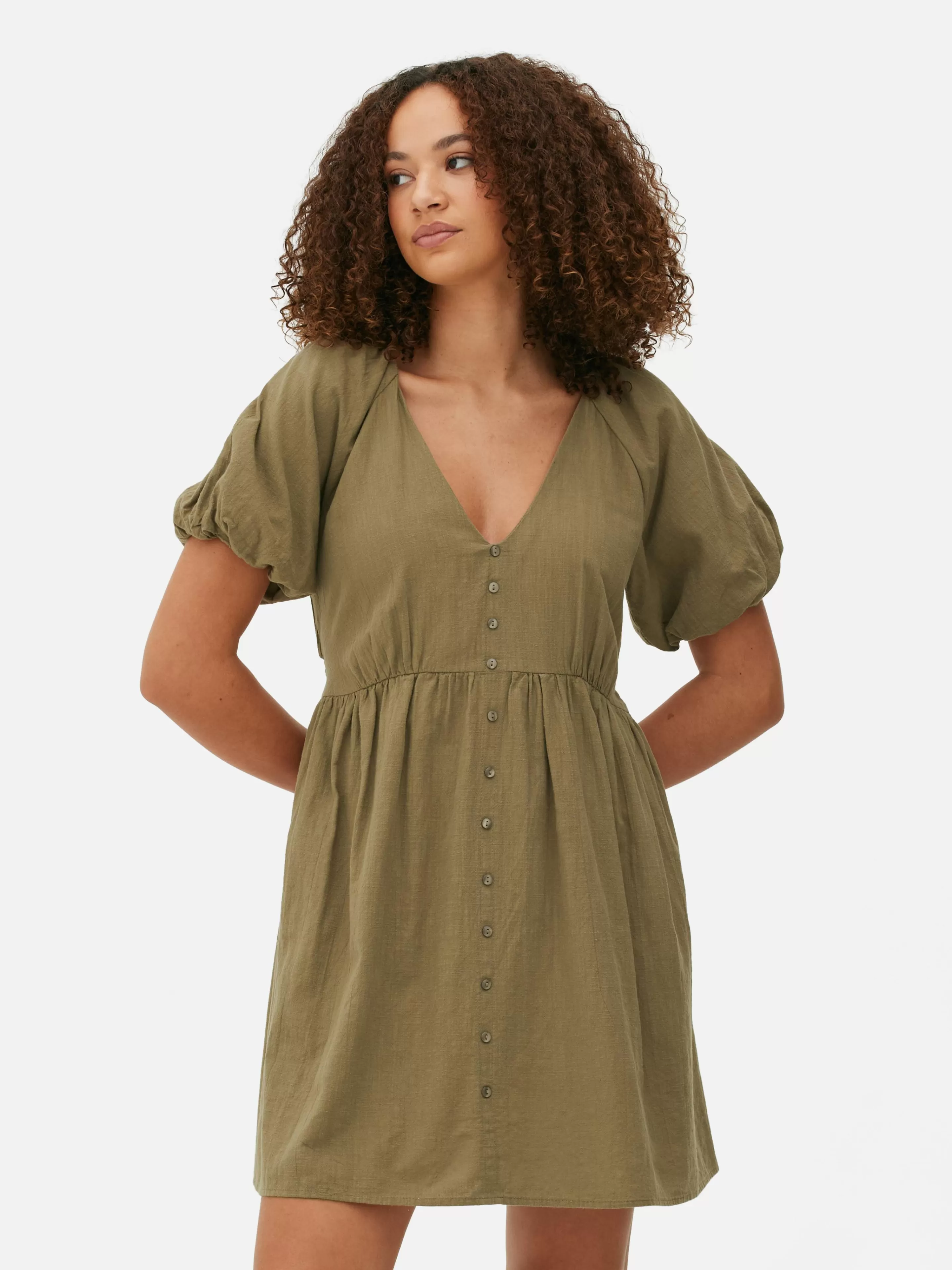 Mujer Primark Vestidos | Vestido Con Vuelo, Cuello De Pico Y Mangas Abullonadas