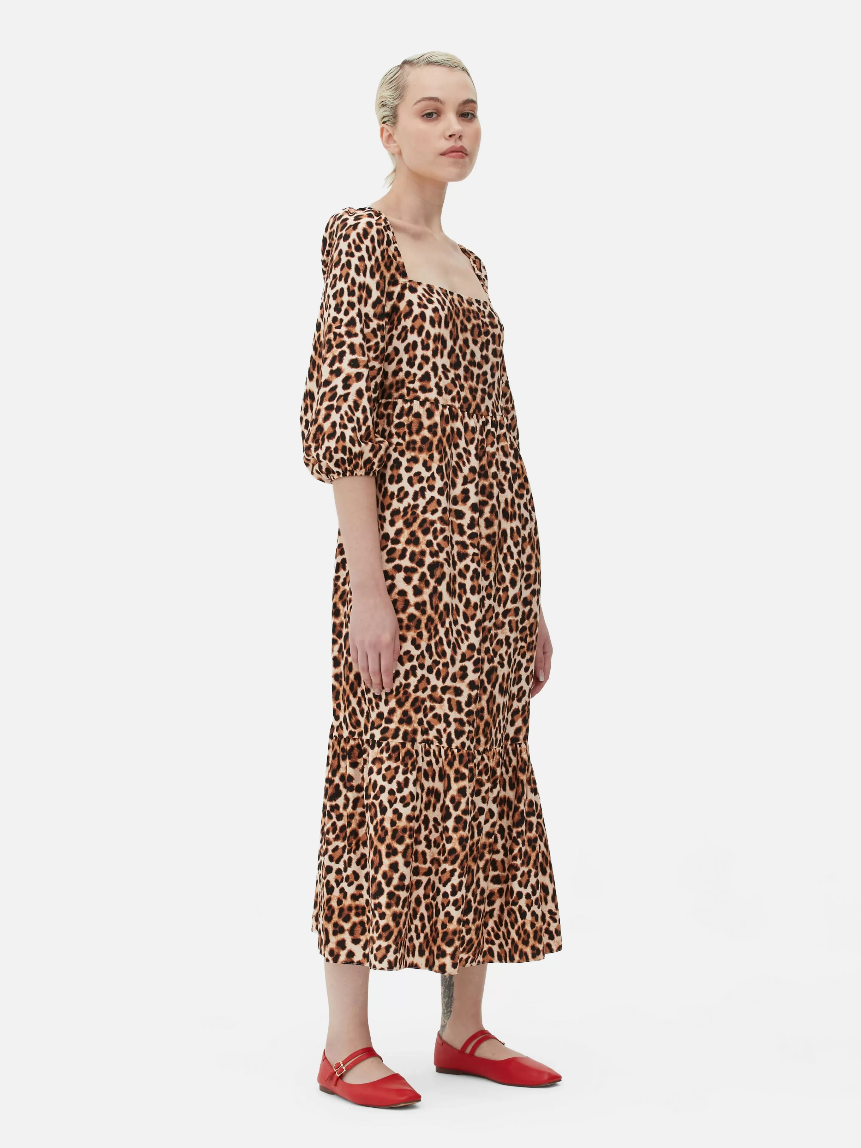 Mujer Primark Vestidos | Vestido Midi De Leopardo Con Escote Cuadrado