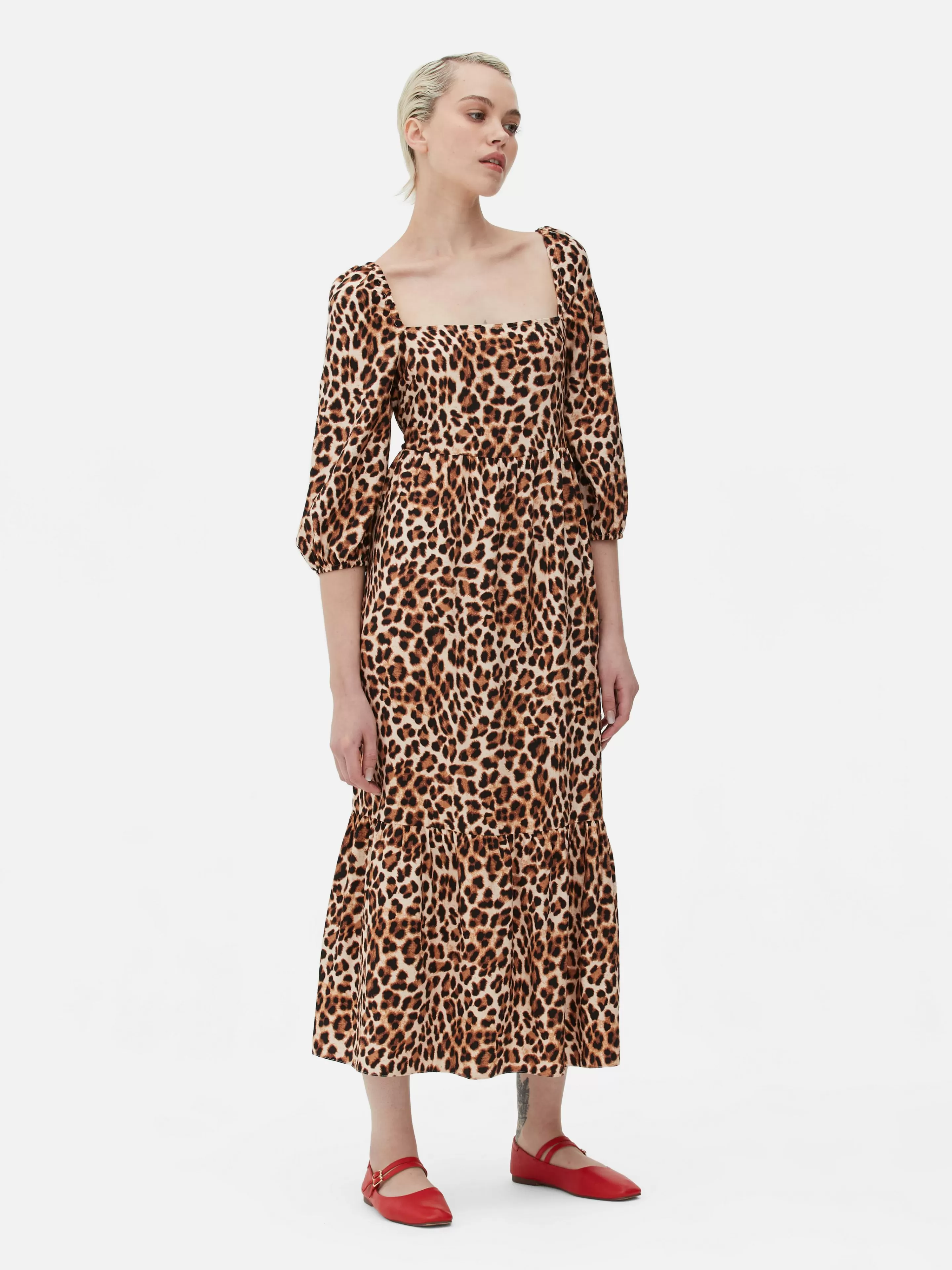 Mujer Primark Vestidos | Vestido Midi De Leopardo Con Escote Cuadrado